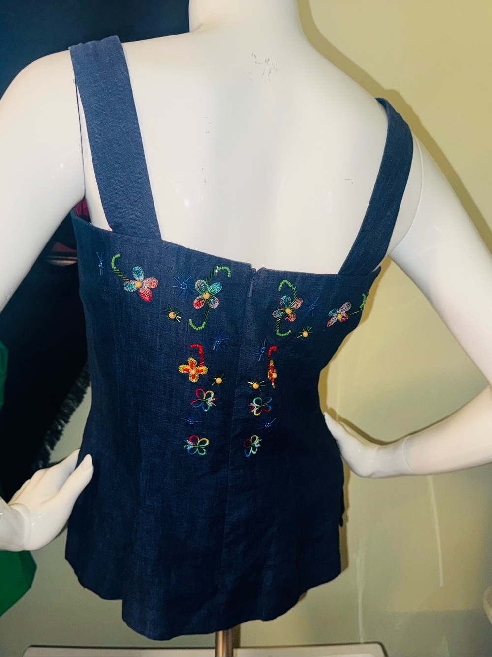 👑 Size 4 Designer Donna Morgan Navy Embroidered Denim Tank Dress - Picture 15 of 16
